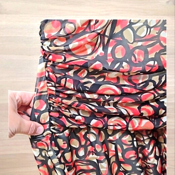 Studio Y, Sz Med, Halter, Dress,  Abstract, Red, Brown, Tan, Ruche, Hi/Lo Hem - Picture 6 of 16